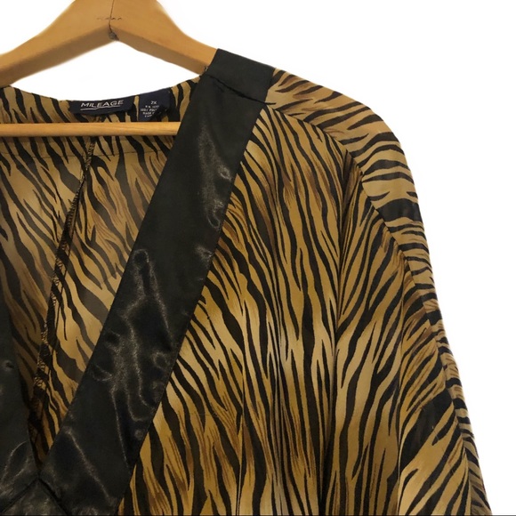 Mileage Tiger Animal Print Satin Sheer Tie Blouse - Picture 3 of 8
